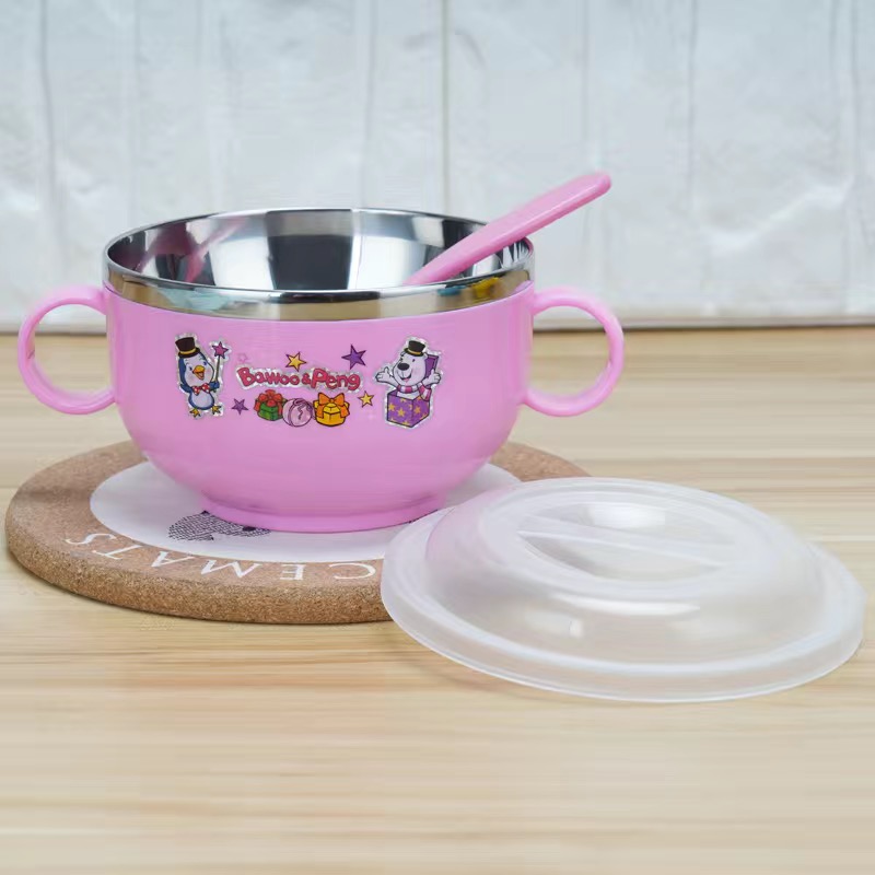 婴儿童碗带盖勺大宝宝吃饭碗餐具小孩碗不锈钢双层隔热防摔防烫碗
