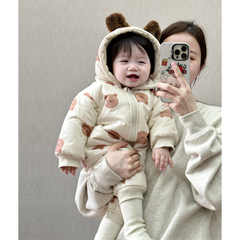 2023冬装韩版婴儿可爱小熊加绒连身衣男女宝宝连帽保暖爬服外出服
