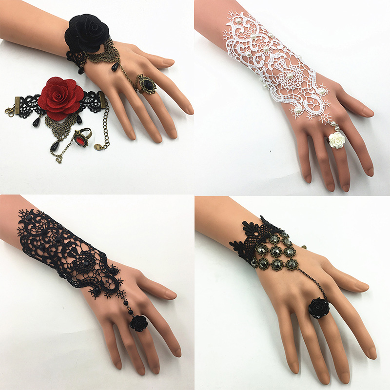 韩版饰品复古街头朋克时尚蕾丝手链带玫瑰花朵戒指一体链新娘包邮