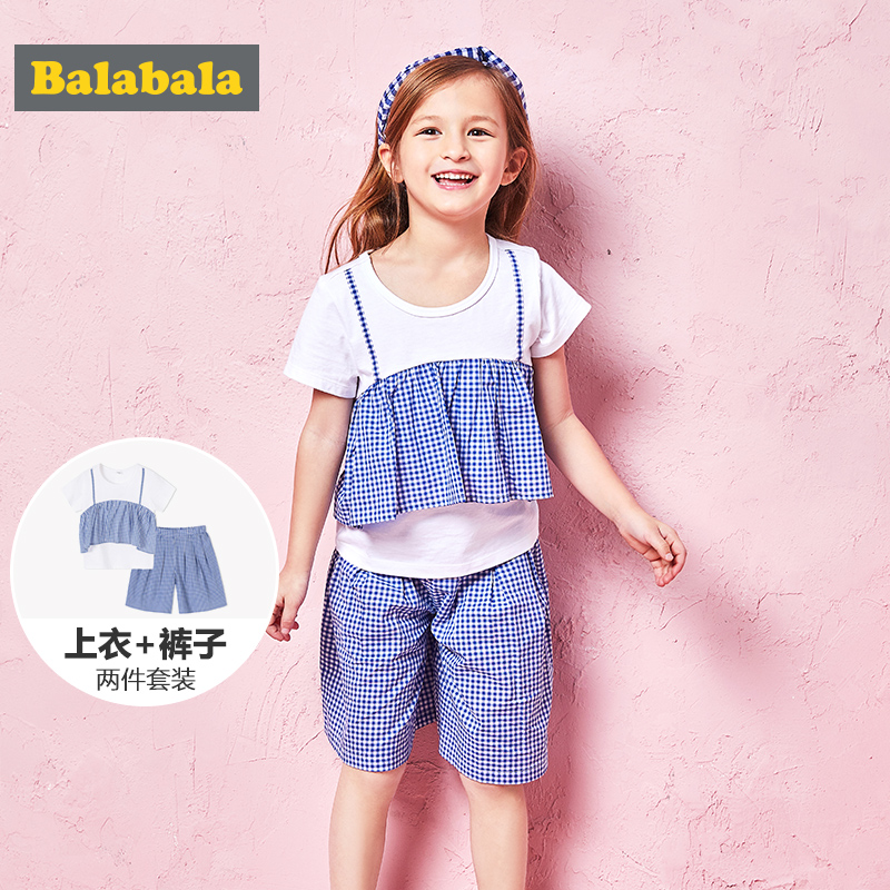 巴拉巴拉女童洋气套装2019夏装小童宝宝韩版假两件短袖两件套短裤