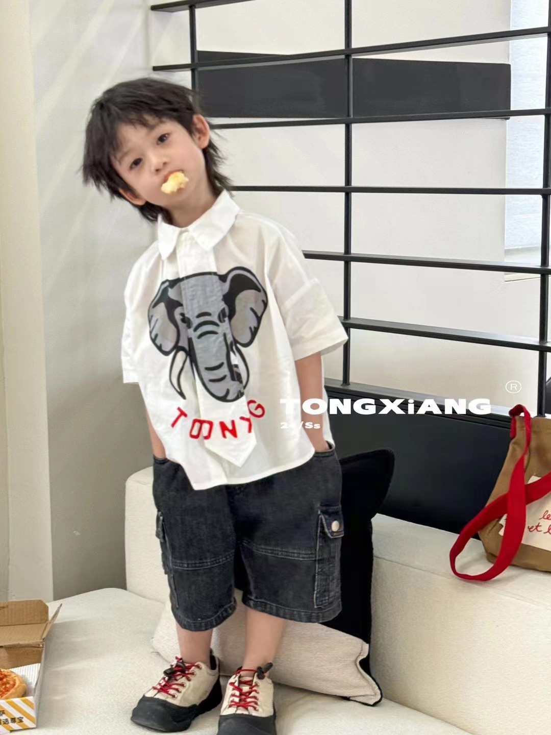 童巷潮牌男童装夏季小童衬衣宝宝短袖透气卡通大象韩版衬衫个性潮