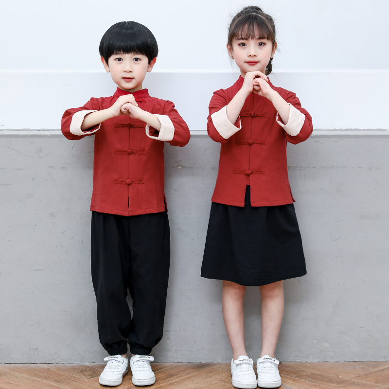 六一儿童节演出服汉服唐装中国女童棉麻男童幼儿园国学服装小学生