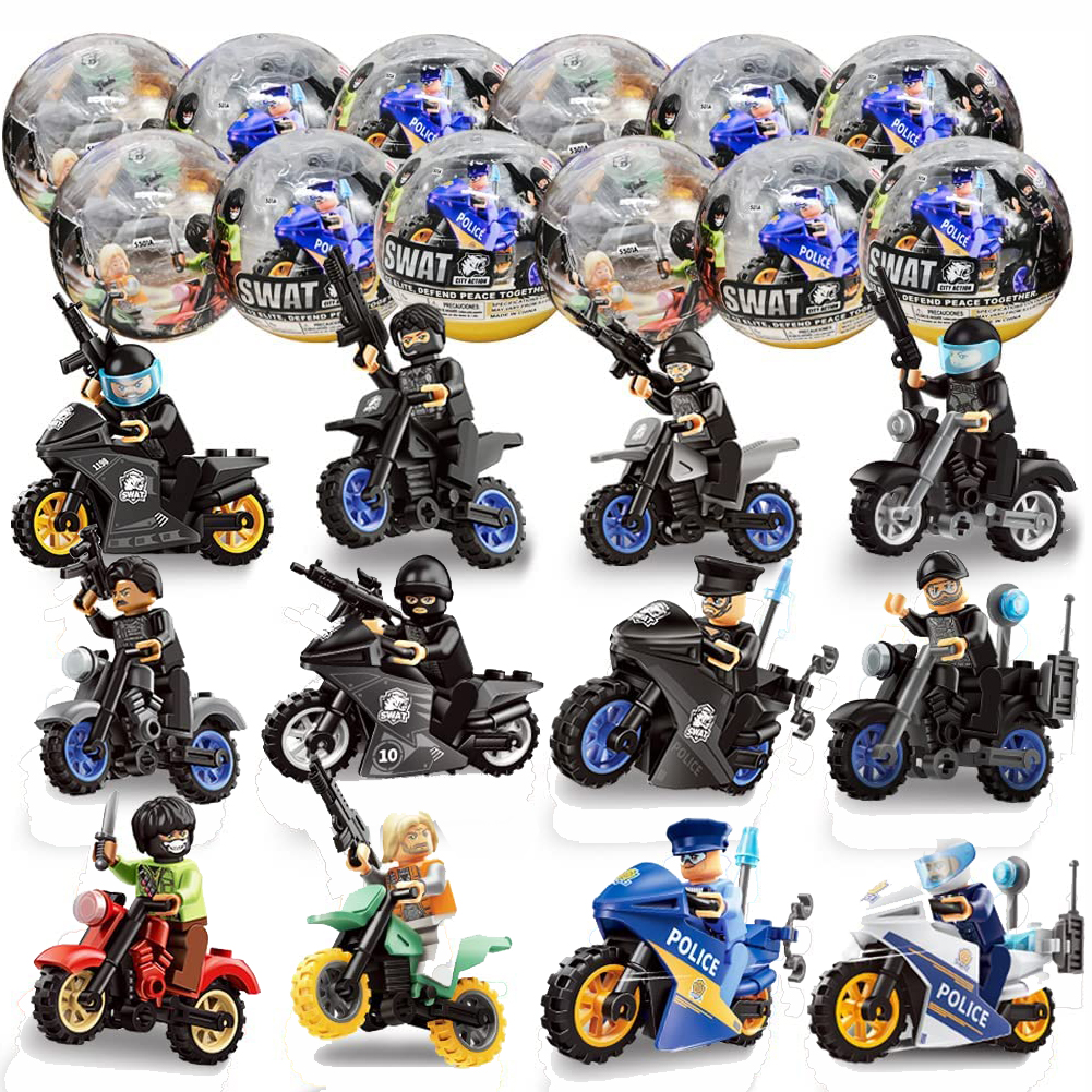 摩托车积木扭蛋盲盒儿童益智拼装警察玩具男孩幼儿园礼物智力玩具