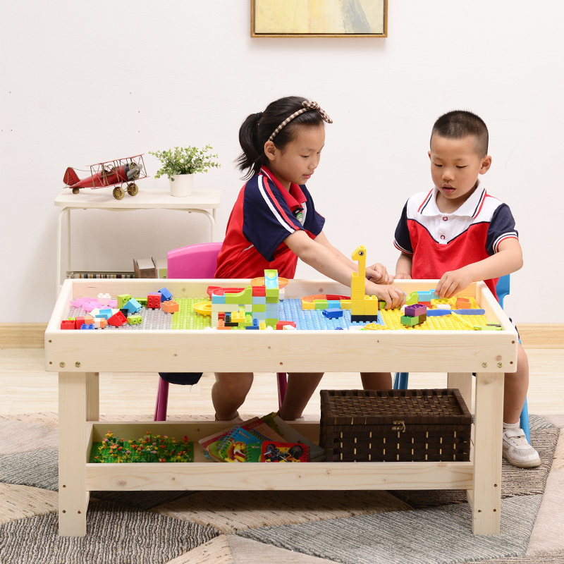 儿童积木桌子大颗粒男孩女孩宝宝多功能益智拼装大尺寸玩具桌实木