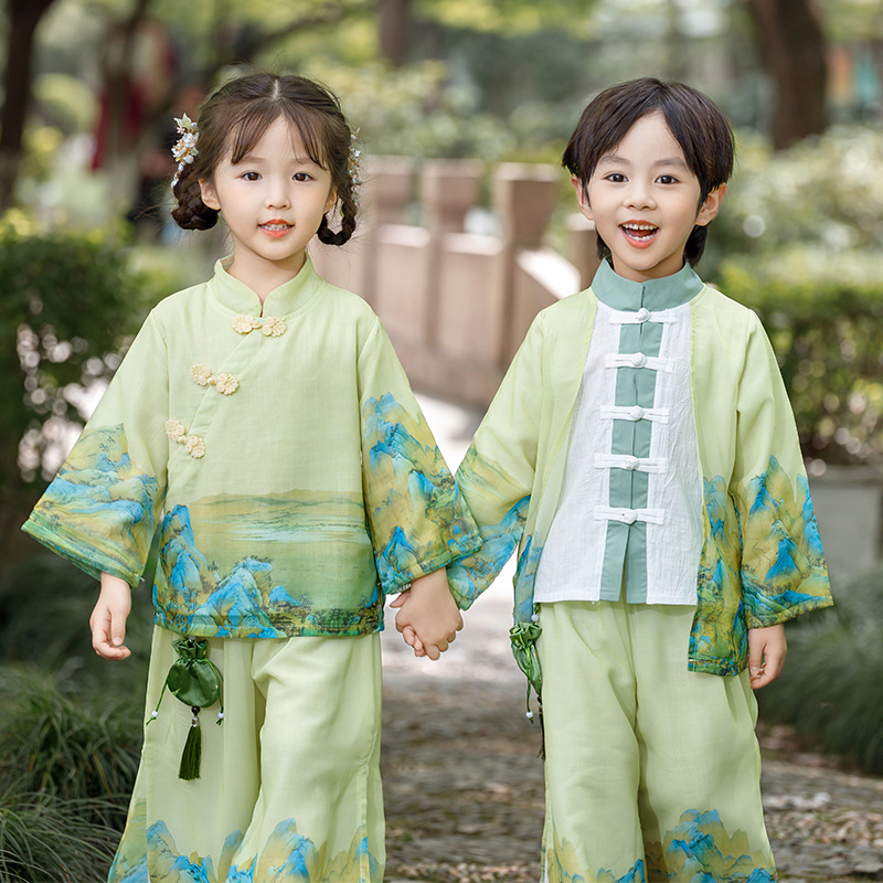 上春山舞蹈服六一儿童节表演服装唐装古装国学汉服幼儿绿色演出服