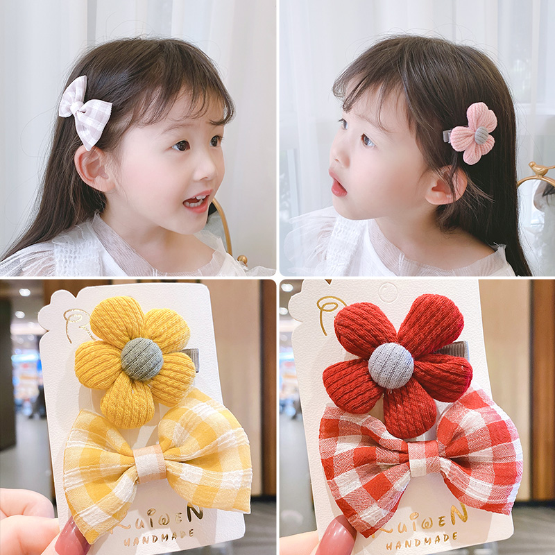 韩国花朵蝴蝶结发夹头饰儿童甜美公主发卡子可爱宝宝格子布艺鸭夹