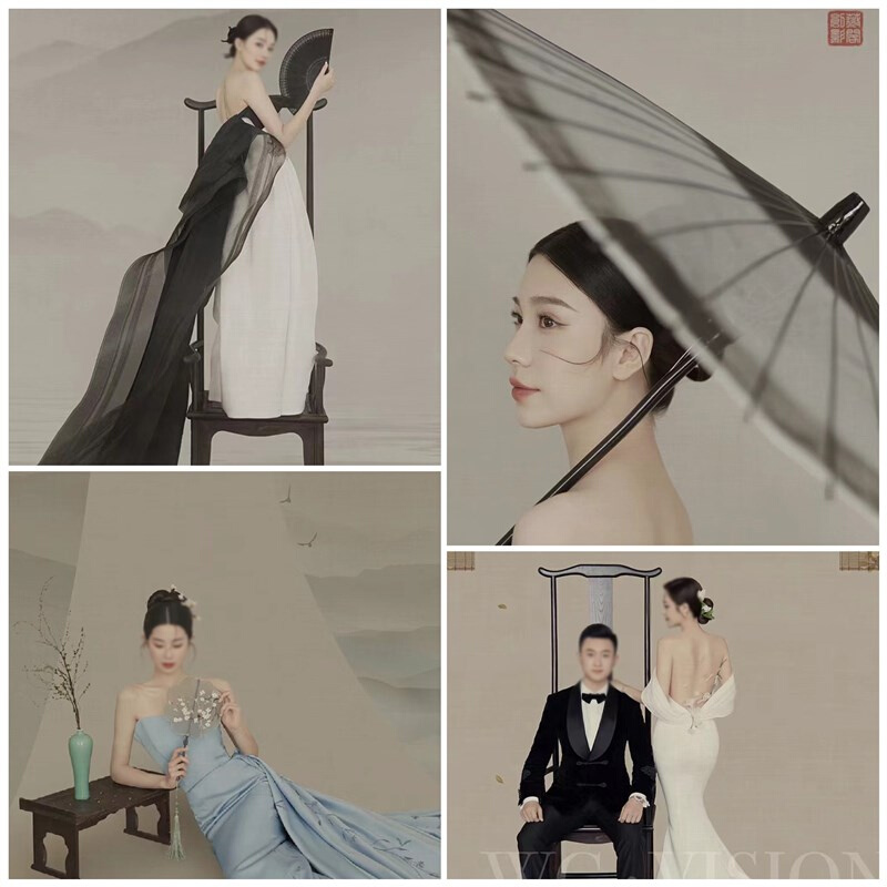 新中式写真古装中式古典道具黑色水墨画伞中国风高背椅扇工笔画桌