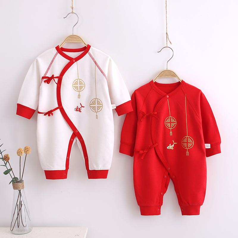 新生婴儿儿衣服秋季款连体衣红色喜庆纯棉无骨哈衣0-3个月宝宝衣