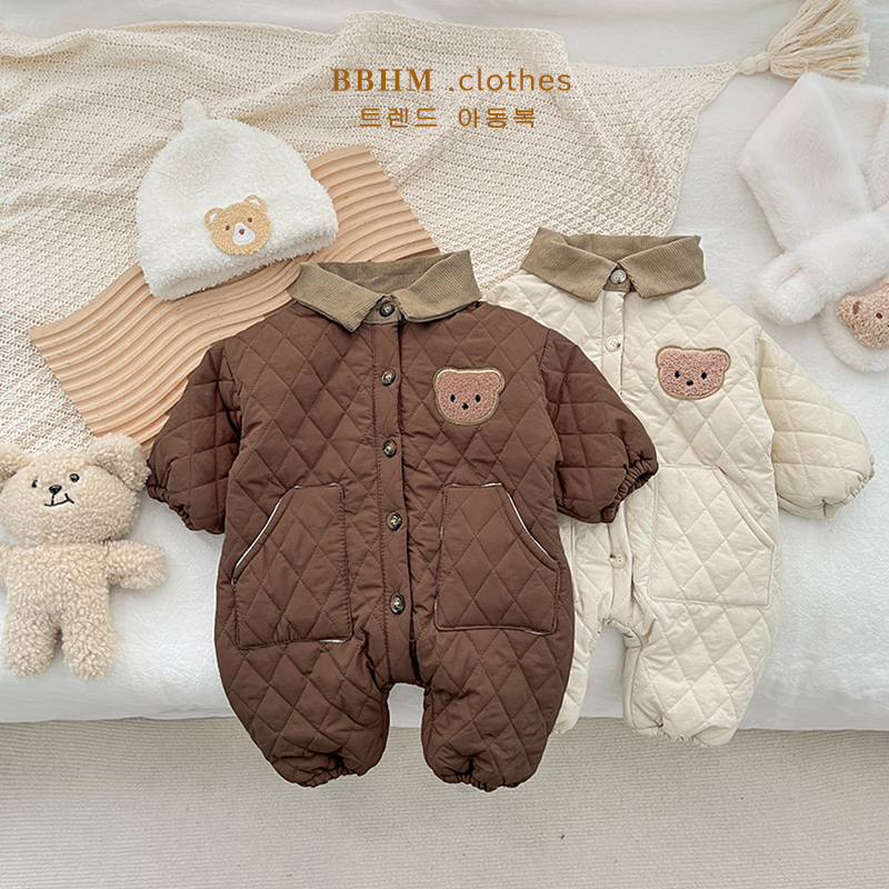 婴儿连体衣夹棉保暖六个月宝宝冬装棉服超萌网红小熊爬服可爱加厚