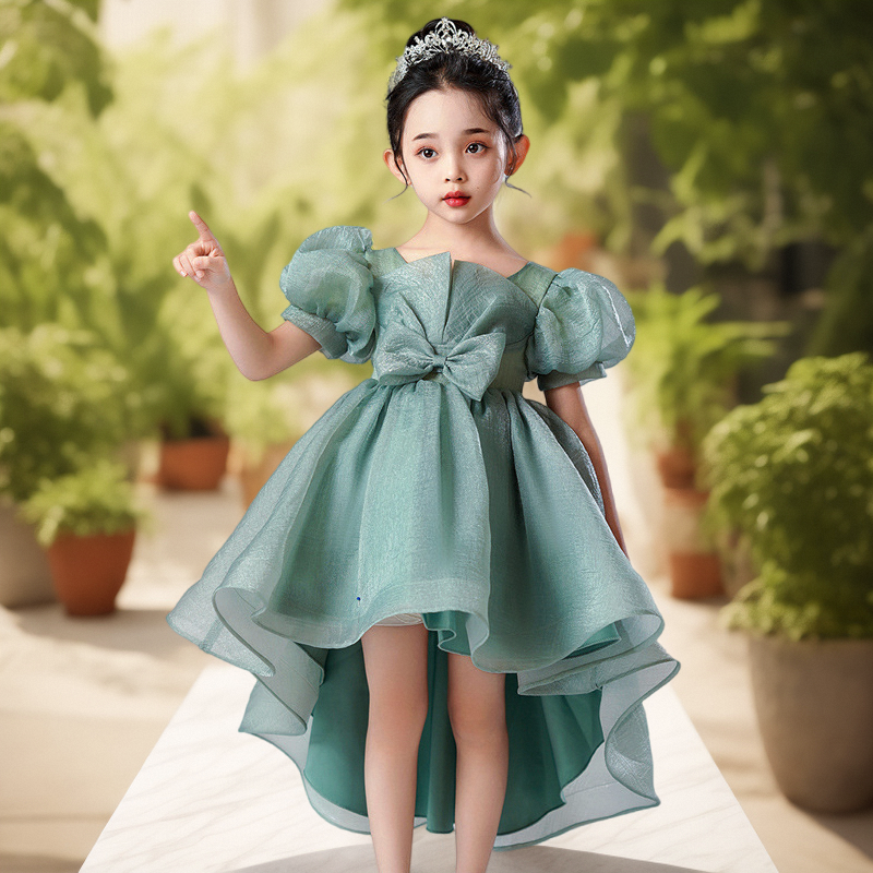 女童公主蓬蓬裙六一儿童主持人表演礼服女孩拖尾绿色连衣裙子夏季