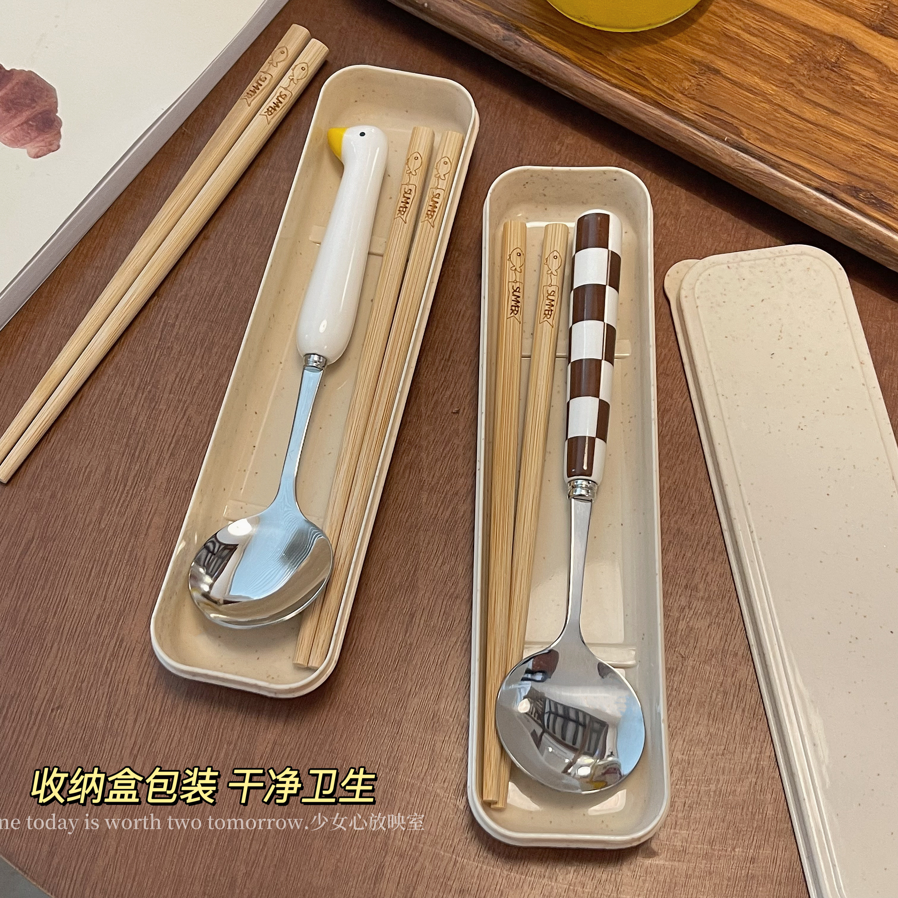 餐具套装木质筷子勺子不锈钢叉子三件套一人用儿童学生便携收纳盒