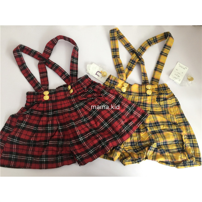 两色日系女童格子背带裙裤 红色黄色 背带可以调节脱卸