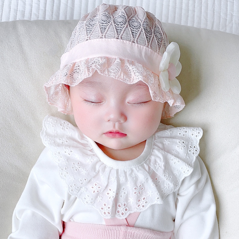 现货速发春夏季婴儿帽子女宝宝镂空透气渔夫帽时尚花朵新生儿童胎