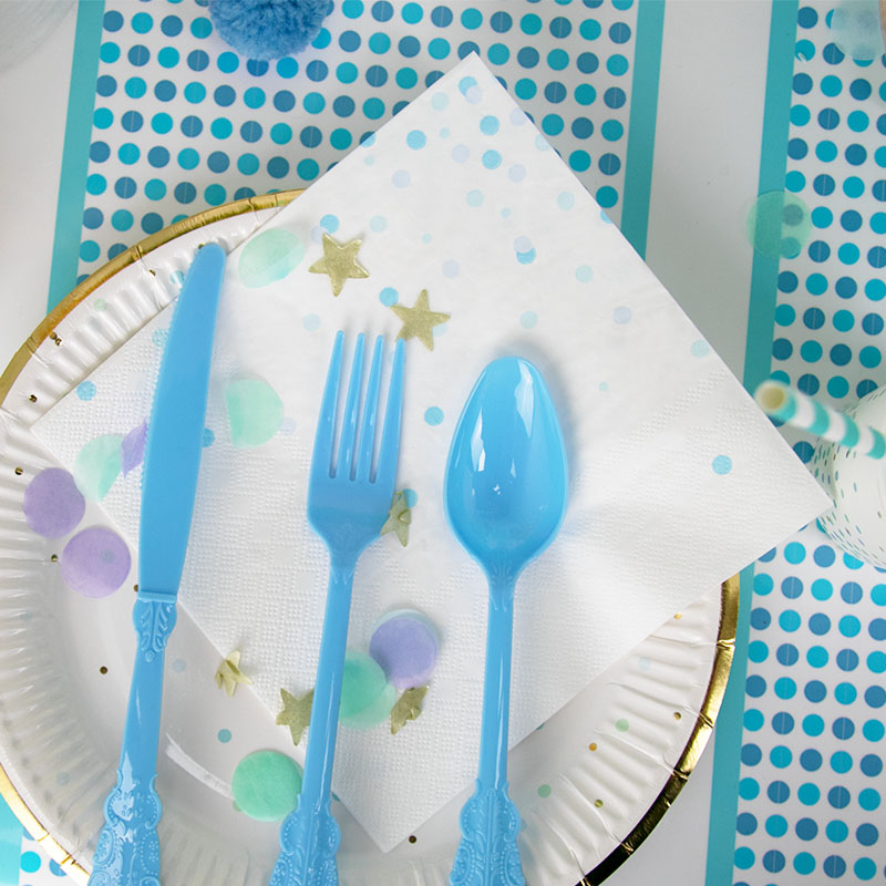 蓝色宝贝纸巾一次性餐具生日派对装饰套装baby宝宝宴满月酒布置