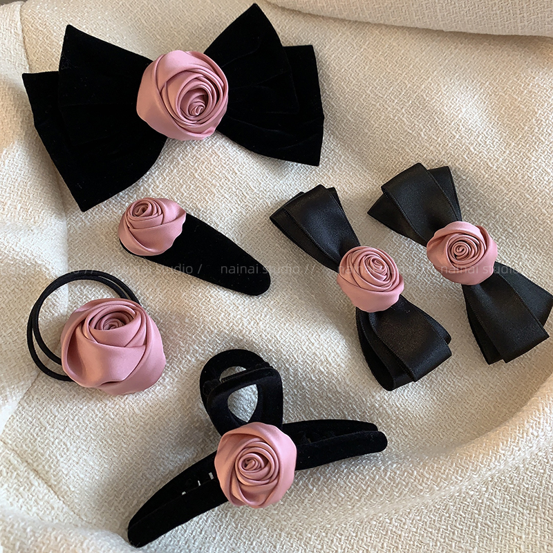 粉色玫瑰花发夹~高品质花朵！小香风复古法式蝴蝶结抓夹发绳发饰