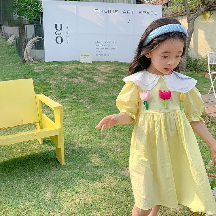 女童连衣裙2024夏装新款儿童时髦娃娃领公主裙宝宝洋气泡泡袖裙子