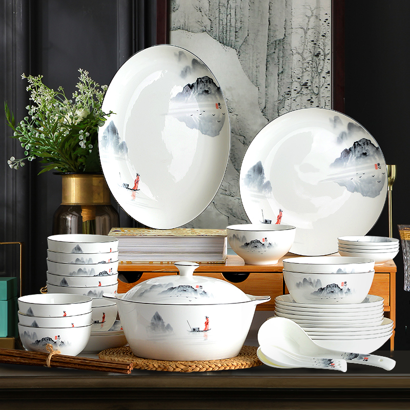 江山如画碗碟套装家用复古文艺风格骨瓷餐具家庭装大气厚实礼盒装