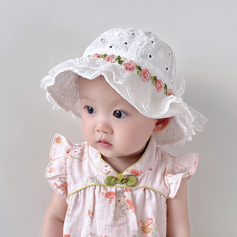婴儿遮阳帽夏季薄款出游防晒帽女宝宝蕾丝花边洋气可爱花朵渔夫帽