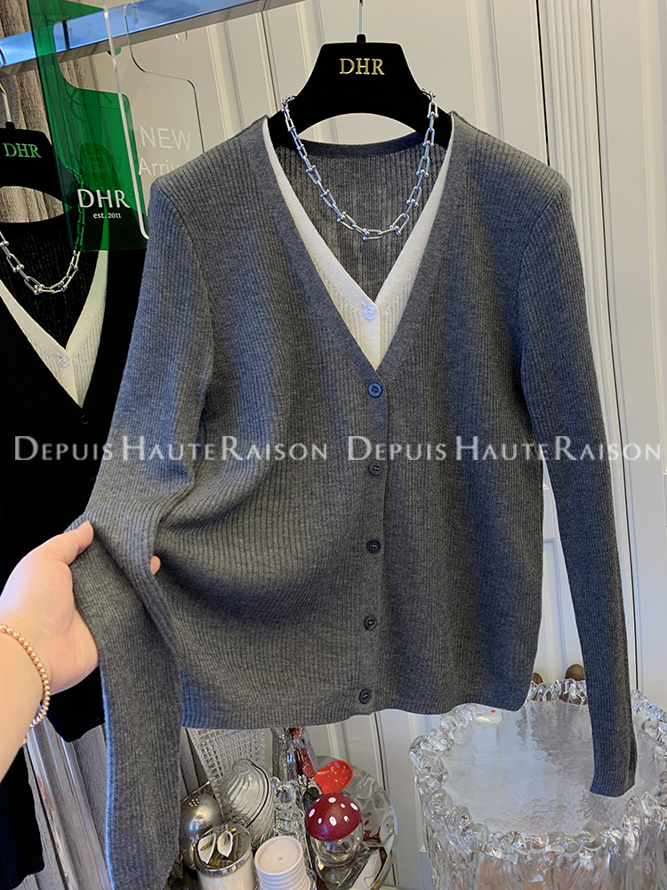 DHR 简约气质假两件针织衫上衣女外套开衫上衣2024春装新款小个子