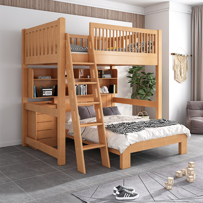 榉木高架床全实木交错型式子母床儿童上下床铺双层高低床上床下桌