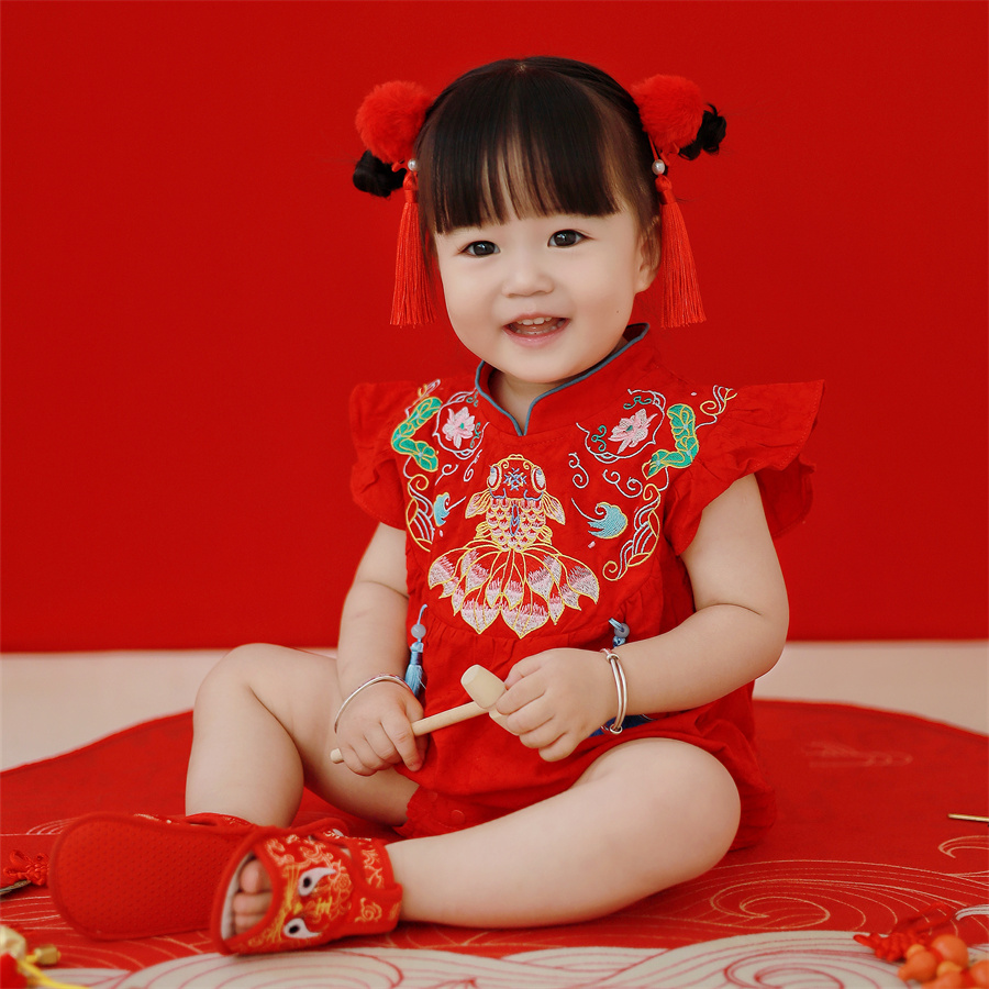 女宝宝一周岁礼服婴儿衣服夏季红色连体包屁衣抓周百日宴唐装旗袍