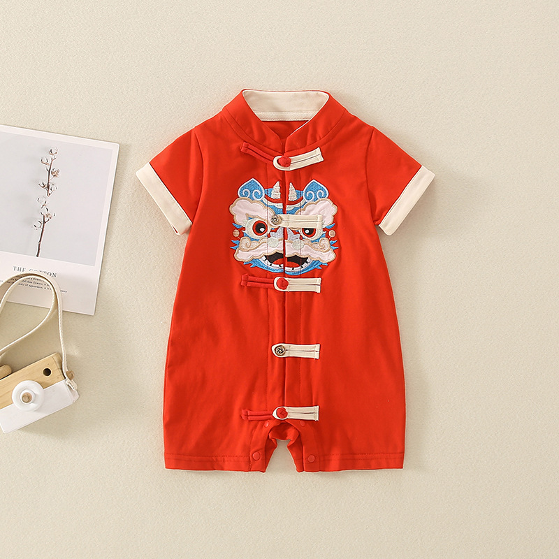 中国风婴儿夏款满月礼服新生宝宝1周岁短袖红色喜庆夏季汉服衣服