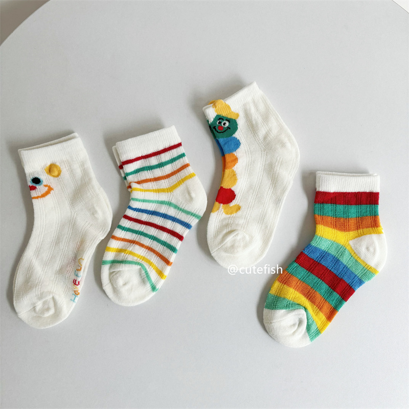 4双装~儿童毛毛虫袜子夏季薄款宝宝彩虹网眼短袜可爱男童女童袜子
