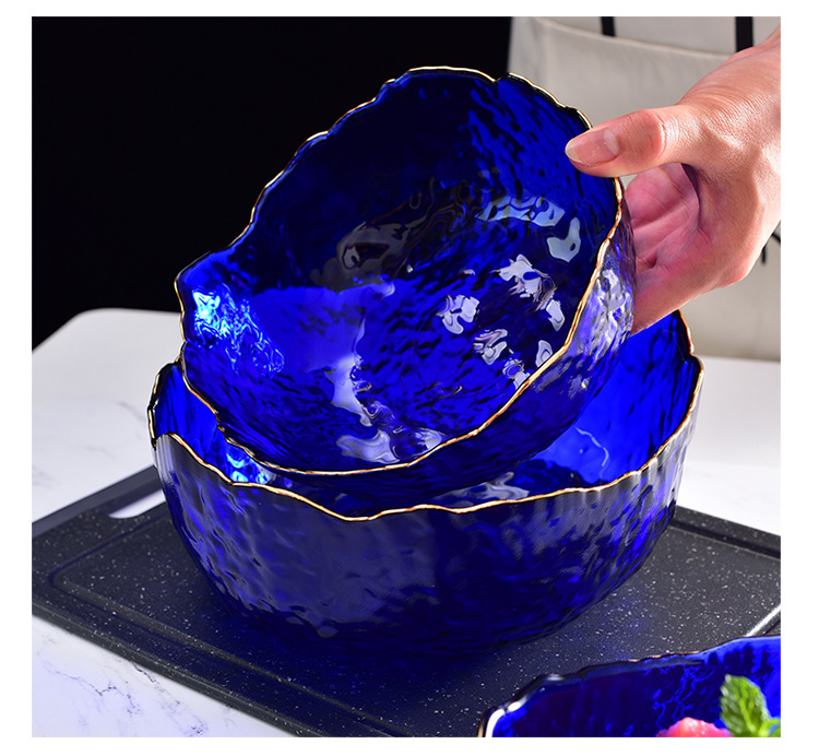 蓝色玻璃碗克莱因蓝彩色果盘甜品碗套装沙拉碗零极限不规则描金碗