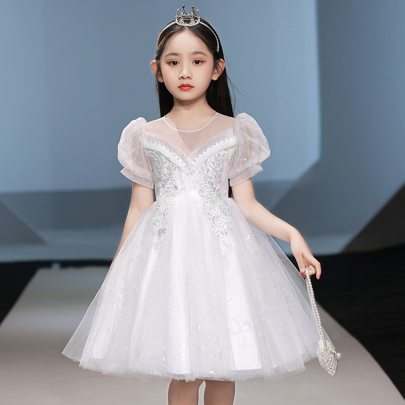 女童公主裙钢琴演出服白色主持人高端儿童礼服花童婚礼小女孩纱裙