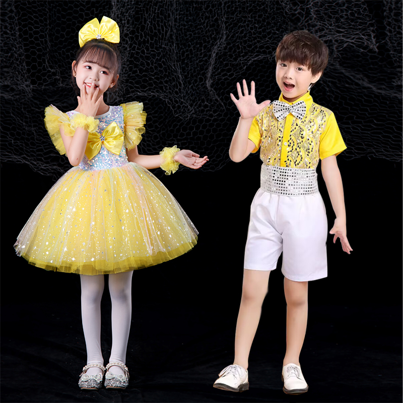 六一女童公主裙演出服快乐的小星星黄色蓬蓬纱裙幼儿园舞蹈表演服