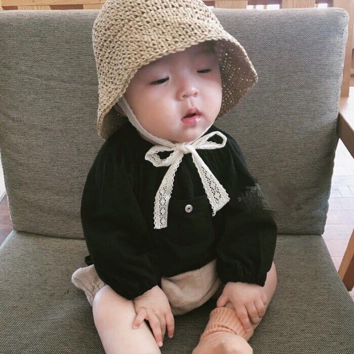 可可妈宝宝遮阳帽子可爱甜美草帽翻版儿童男女婴儿防晒海滩帽系带