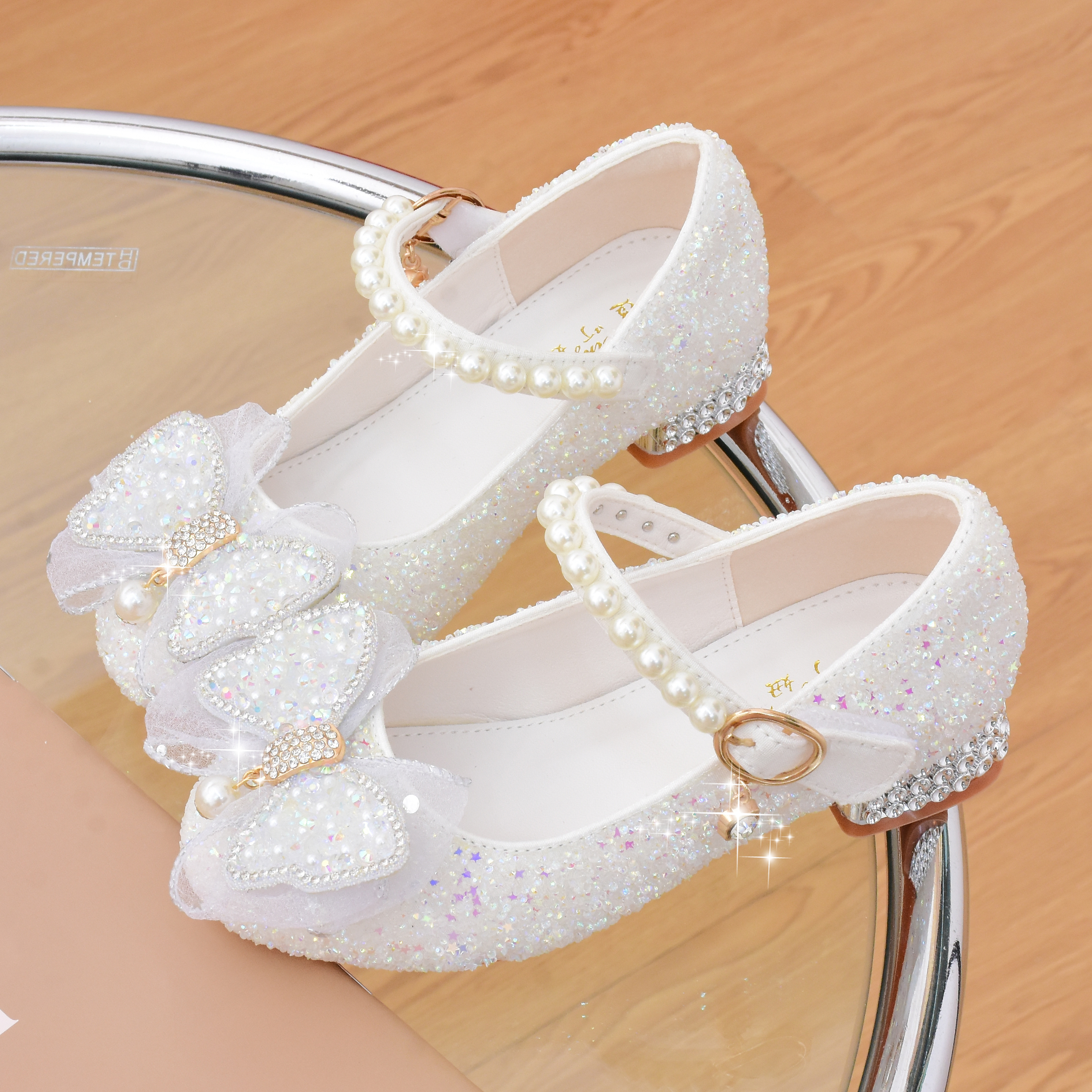 公主鞋女童白色高跟鞋春秋季新款皮鞋儿童鞋小女孩舞台演出水晶鞋