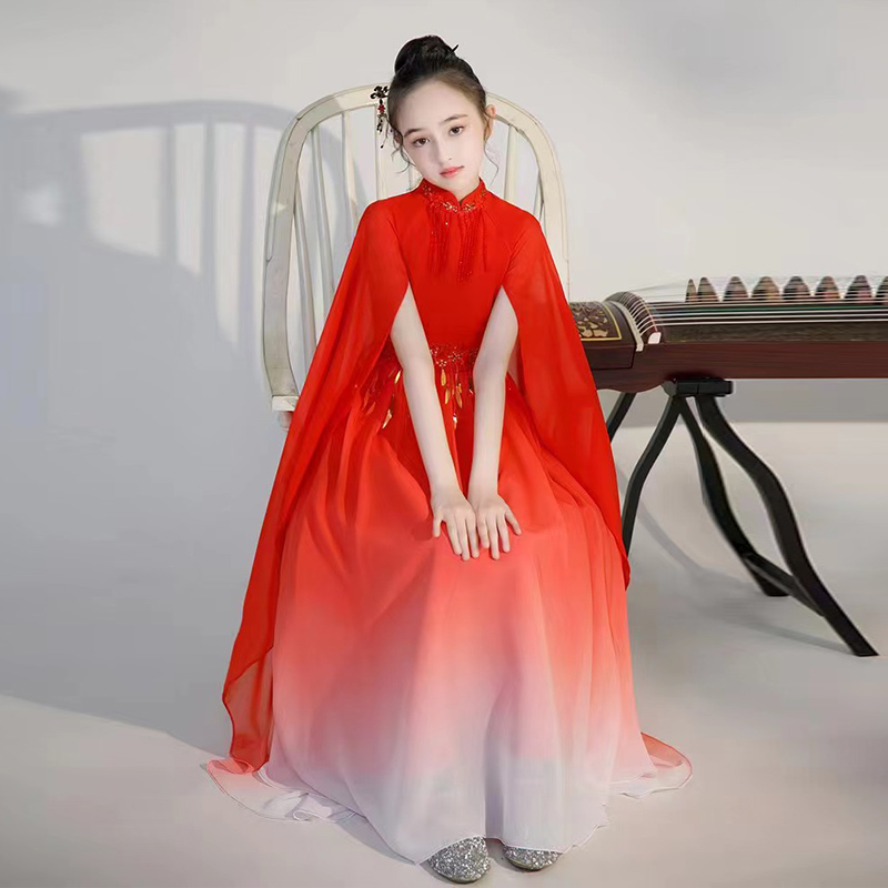 儿童礼服高端女童弹古筝演出服中国风主持人民乐演奏艺考礼服红色