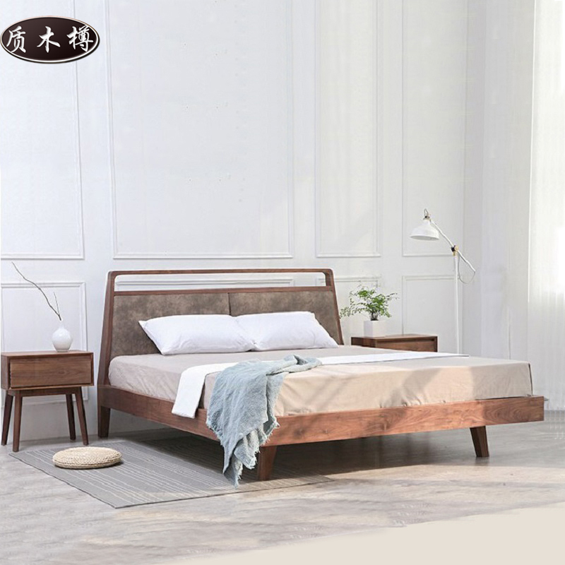 黑胡桃木双人大床北欧软靠真皮1.8米卧室婚床别墅牛皮轻奢实木床