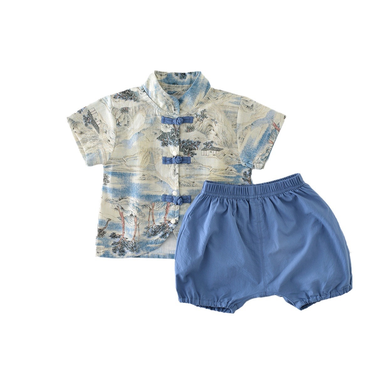 中国风夏季套装印花套装短袖短两件套宝宝男童汉服口夏装盘婴儿裤