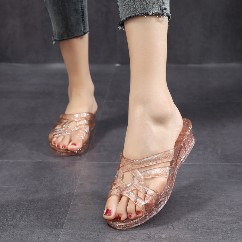 妈妈拖鞋女士透明水晶鞋坡跟夏季中跟防滑透明软塑胶室内凉拖外穿