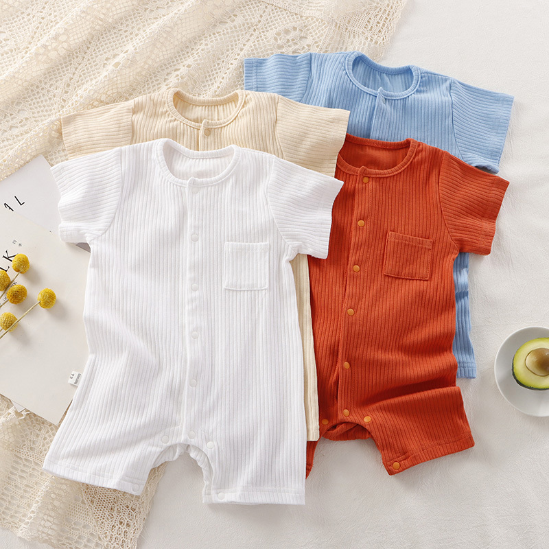 婴儿全棉短爬服连体衣夏季纯色哈衣新生儿对开衫短袖爬服宝宝衣服