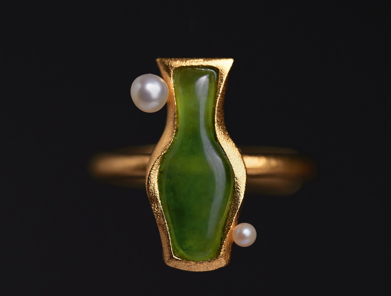 和田碧玉小花瓶珍珠银鎏金戒指小众设计师设计戒指绿色小巧