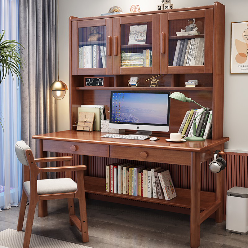 新款书桌书架带书柜一体桌家用学习桌子儿童简约卧室全实木办公电