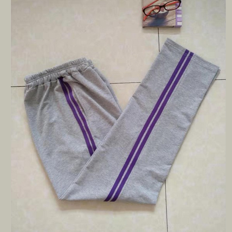 初中小学生校服裤子浅灰色两道紫色杠边全棉直筒休闲运动裤冬加绒