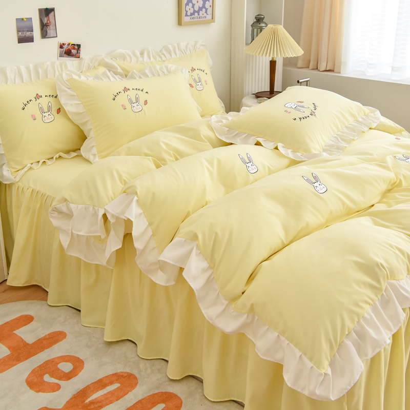 浅黄色四件套全水洗棉床单被套床裙款夏季卡通儿童公主风床上用品