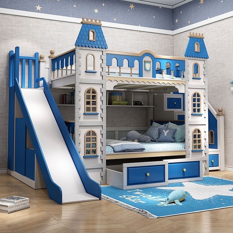 全实木两层儿童床上下铺上下床双层高低子母床城堡英伦男孩别墅蓝