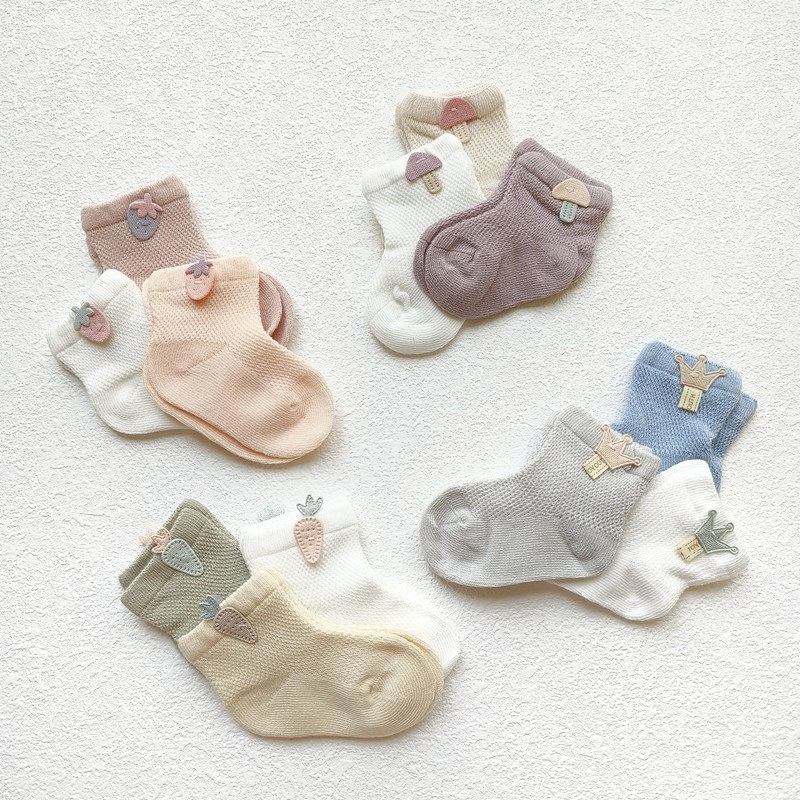 婴儿童夏季透气网眼纯全棉袜子宝宝地板袜防滑无骨短筒袜子3双