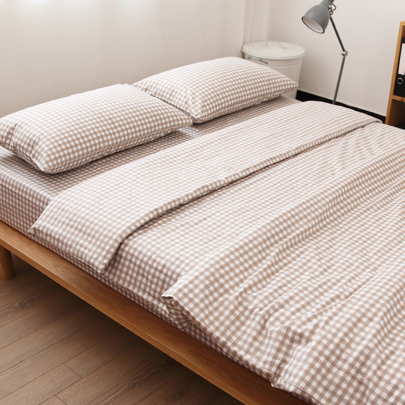 简约浅咖小格日系格子纯棉床单被套枕套全棉被罩床笠斜纹单双人床