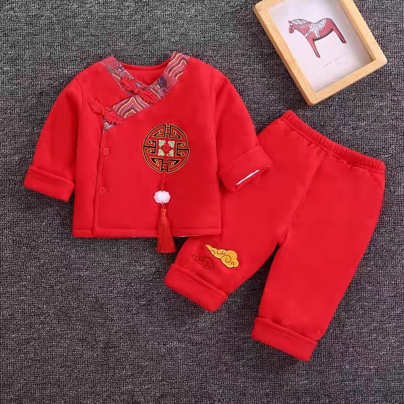 婴儿春秋薄棉衣女宝宝百天满月衣服红色偏开扣保暖新生儿分体套装