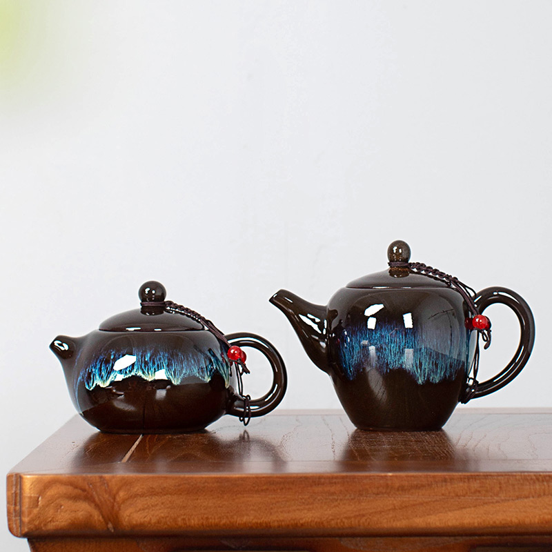 不单典雅窑变粗陶茶壶茶具陶瓷手工复古泡茶壶黑釉窑变天目釉单壶