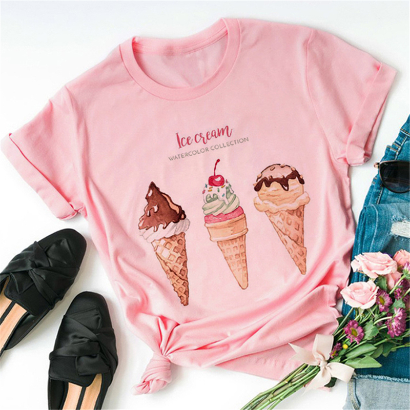 2023年夏季新品冰激凌甜品下午茶印花女士粉色T恤衫圆领休闲短袖