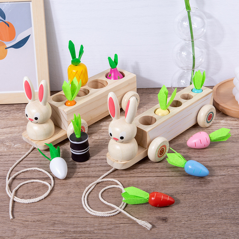 木质儿童益智早教玩具宝宝三合一拔萝卜兔子拉车水果配对益智玩具