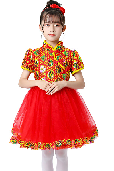 六一儿童演出服红色女童蓬蓬裙表演服中国风服装主持人开门红礼服