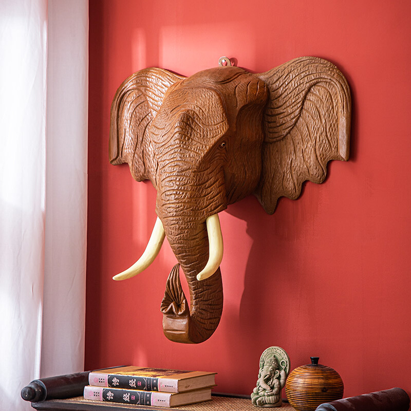 泰国大象头墙壁挂件东南亚实木雕刻泰式软装餐厅会所动物壁挂装饰